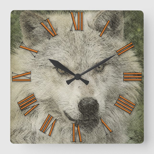 Silver Wolf Pencil Illustration Drawing Clock (Front)