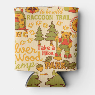 Silver Wood Camp: Children's Vintage Pattern. Can Cooler