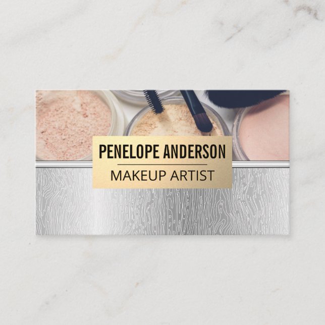 Silver Wood Grain Lines  | Makeup and Brushes Business Card (Front)