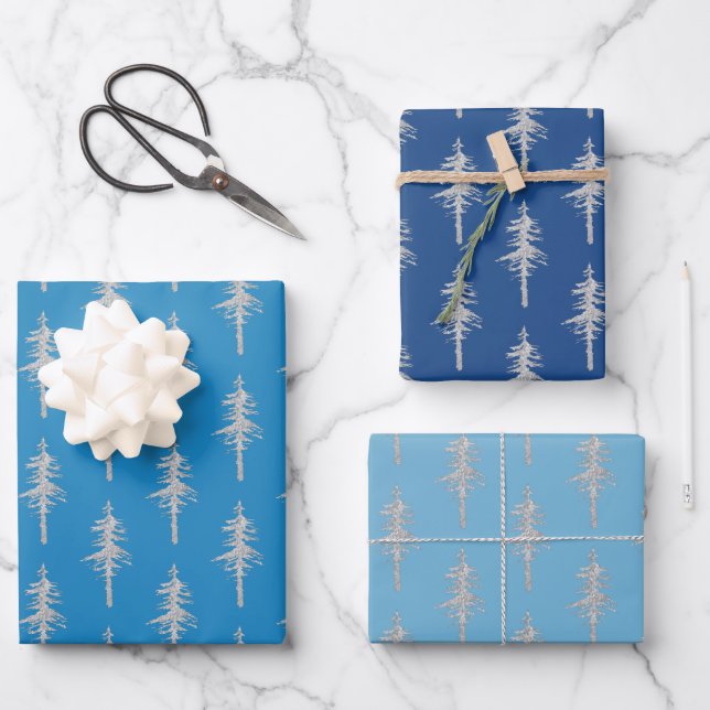 Silver Woodland Pine Tree Forest Blue Navy Trio Wrapping Paper Sheet (Front)