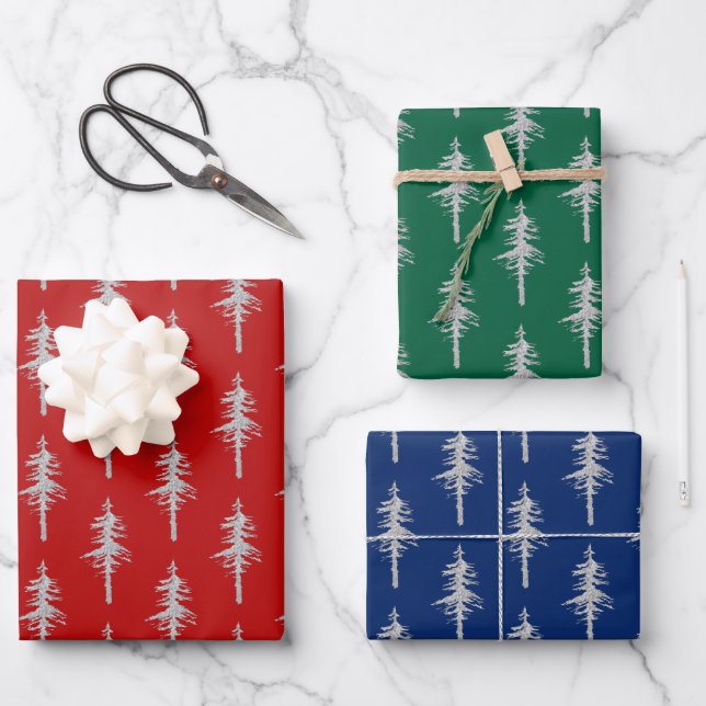 Silver Woodland Pine Tree Forest Green Red Blue Wrapping Paper Sheet (Front)