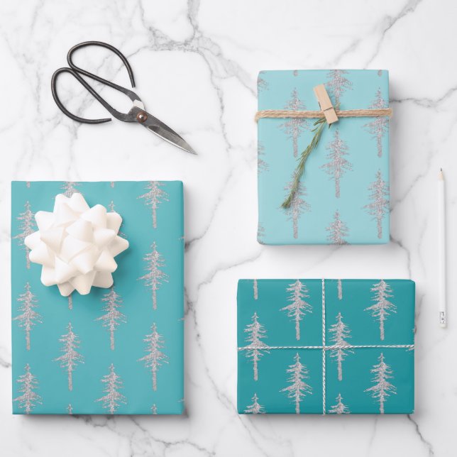 Silver Woodland Pine Tree Forest Teal Turquoise Wrapping Paper Sheet (Front)