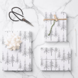 Silver Woodland Scraggly Sparse Spruce Tree Forest Wrapping Paper Sheet