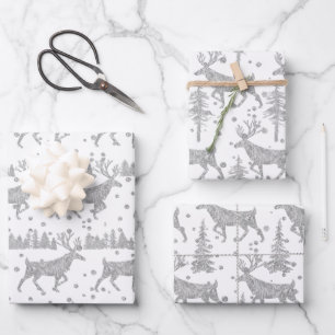 Silver Woodland Stag Spruce Tree Forest Snow White Wrapping Paper Sheet