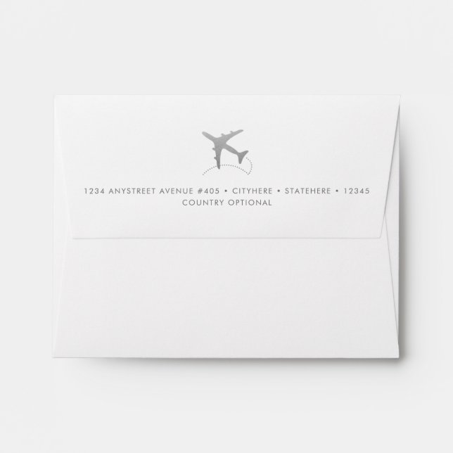 Silver World Map Airplane Destination Wedding RSVP Envelope (Back (Top Flap))