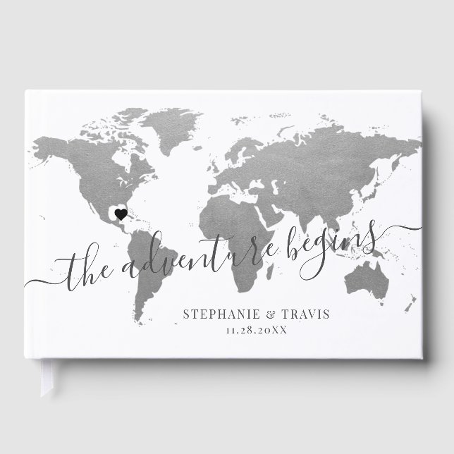Silver World Map Destination Wedding Guest Book (Front)