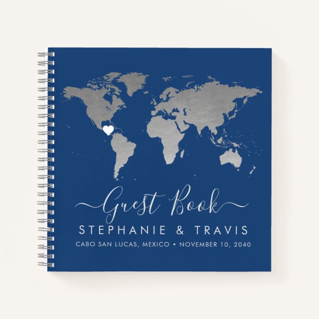 Silver World Map Heart Destination Guest Book (Front)