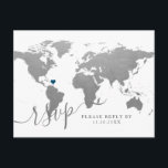 Silver World Map Heart Destination RSVP Postcard<br><div class="desc">Silver grey World Map Travel Theme Destination Wedding POSTCARD rsvp WITHOUT ENVELOPES have a chic minimalist look featuring modern typography, a perfect enclosure card for a destination wedding or travel theme party invitation with a moveable and removable heart location. The back has space for optional meal selections and fun travel-theme...</div>