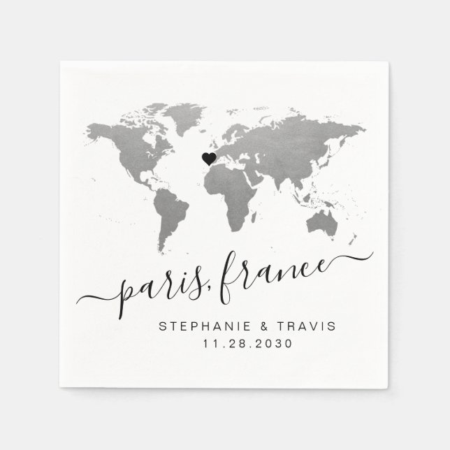Silver World Map Travel Theme Party Napkin (Front)