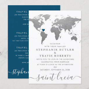 Silver World Travel Map Destination Wedding Invitation