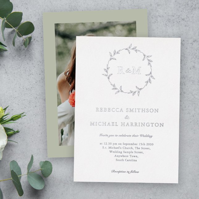 Silver Wreath Monogram Sage Green Wedding (Creator Uploaded)