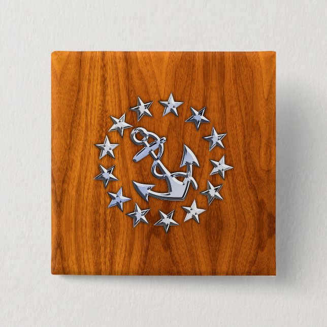 Silver Yacht Flag on Nautical Teak Wood Print 2 Inch Square Button (Front)