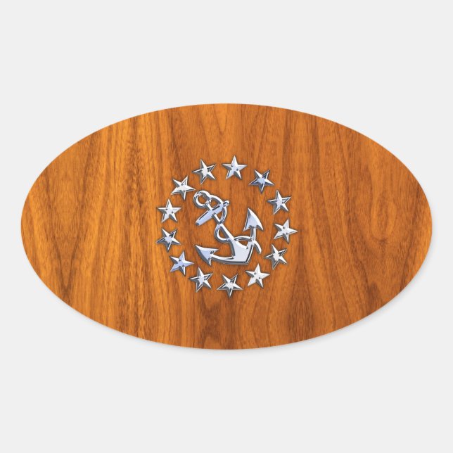 Silver Yacht Flag on Nautical Teak Wood Print Oval Sticker (Front)