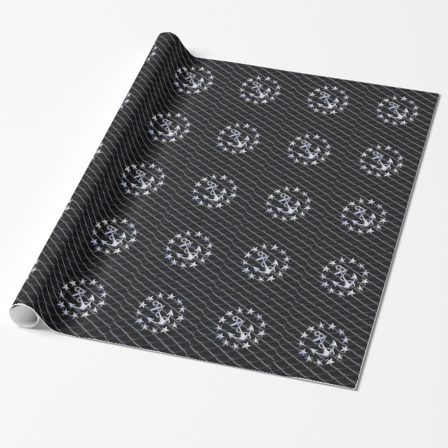 Silver Yacht Naval Flag on Charcoal Grille Wrapping Paper (Unrolled)