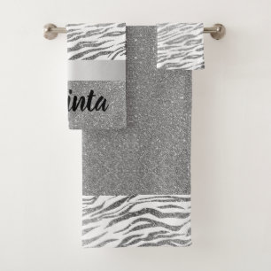 Silver Zebra Print Glitter Personalized Bath Towel Set