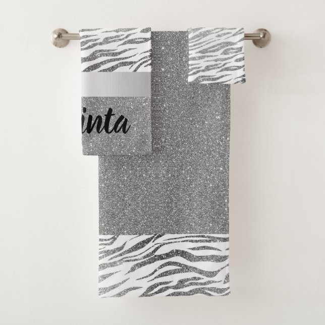 Silver Zebra Print Glitter Personalized Bath Towel Set (Insitu)