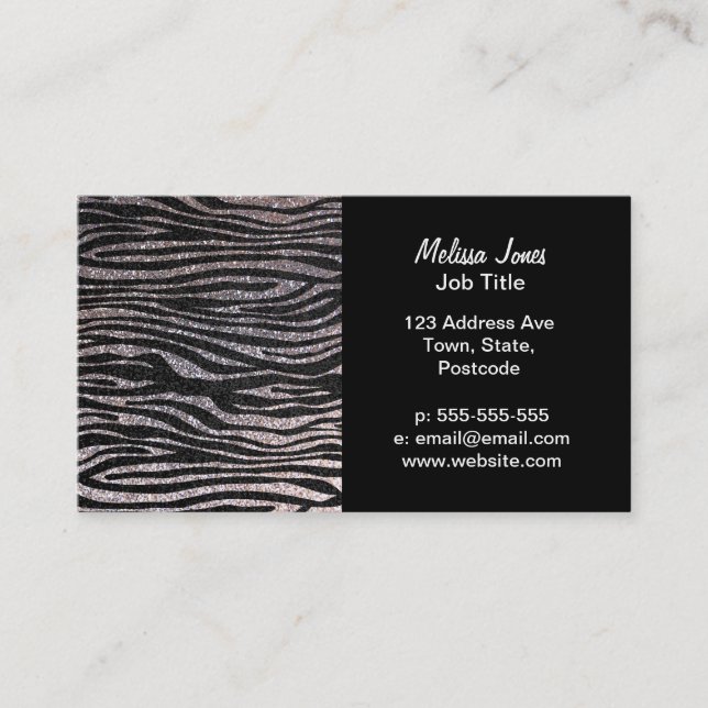 Silver zebra stripe pattern (faux glitter bling) business card (Front)