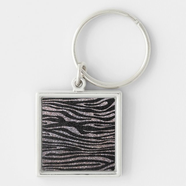 Silver zebra stripe pattern (faux glitter bling) keychain (Front)