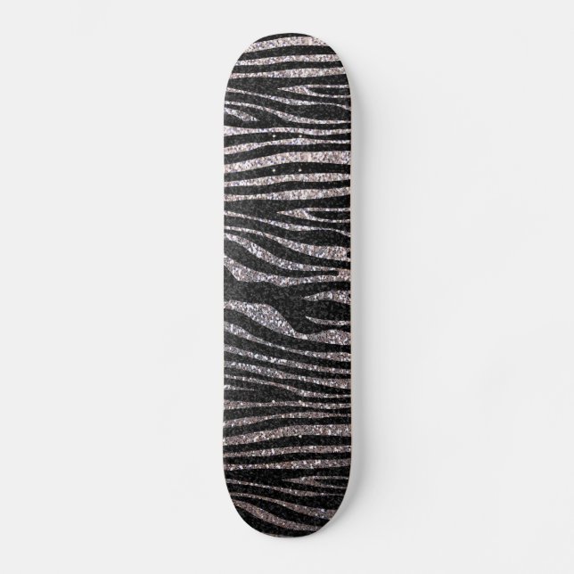 Silver zebra stripe pattern (faux glitter bling) skateboard (Front)