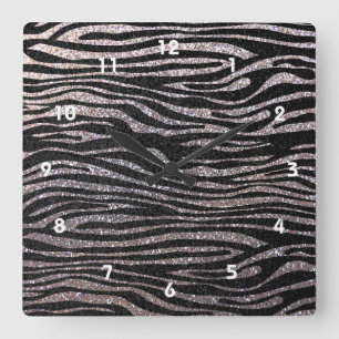 Silver zebra stripe pattern (faux glitter bling) square wall clock