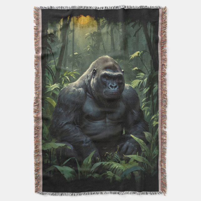 Silverback Gorilla in Rwandan Jungle Throw Blanket (Front Vertical)