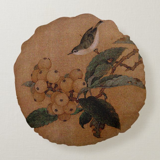 Silvereye bird and loquats round pillow (Back)