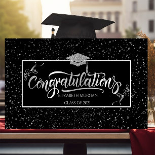 SilverGlitter Graduate Cap, Confetti  Black Banner