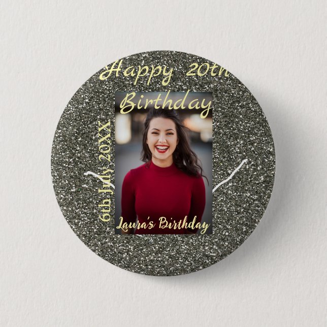 Silverglitter photo 20th birthday add name date 2 inch round button (Front)