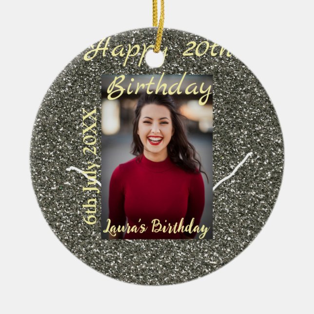 Silverglitter photo 20th birthday add name date ceramic ornament (Front)