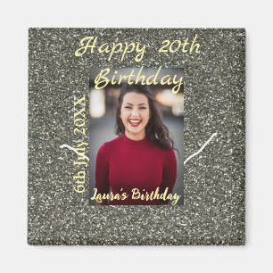 Silverglitter photo 20th birthday add name date magnet