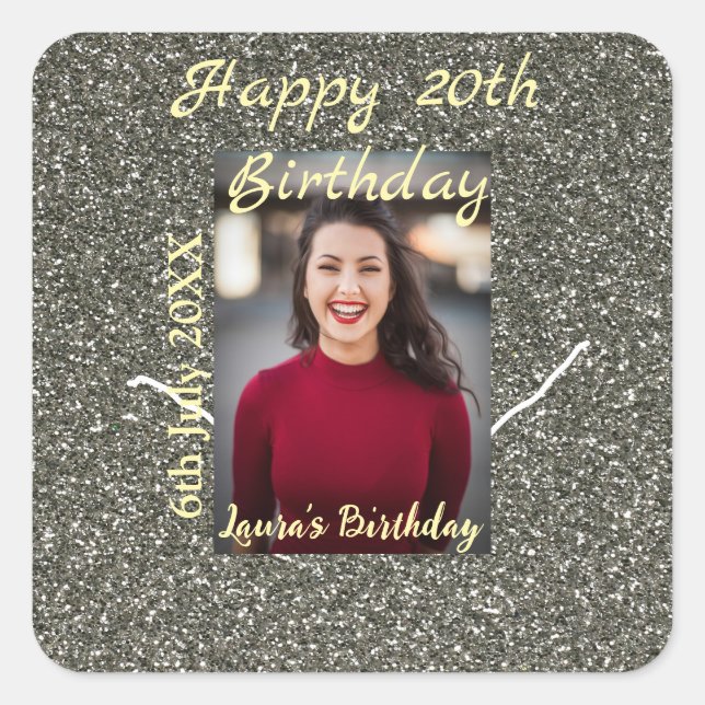 Silverglitter photo 20th birthday add name date square sticker (Front)