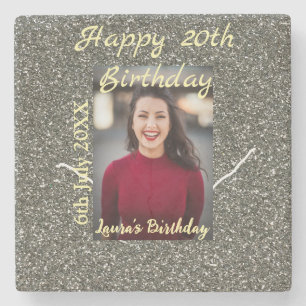 Silverglitter photo 20th birthday add name date stone coaster