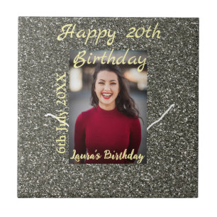 Silverglitter photo 20th birthday add name date tile
