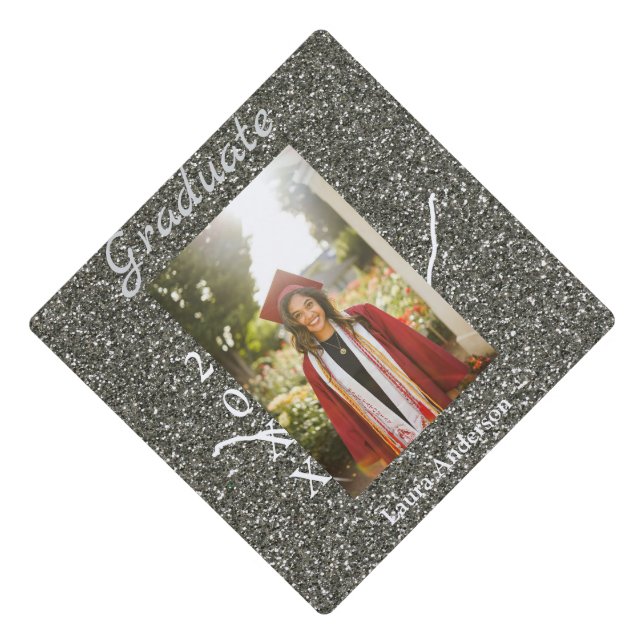 Silverglitter photo graduation add name class text cap topper (Front)