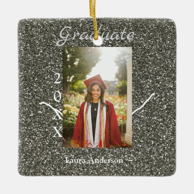 Silverglitter photo graduation add name class text ceramic ornament (Front)