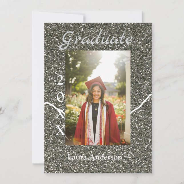 Silverglitter photo graduation add name class text invitation (Front)