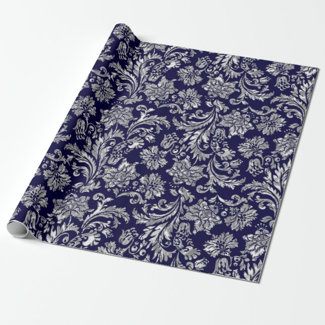 Silvers & Midnight Blue Damasks Wrapping Paper (Unrolled)