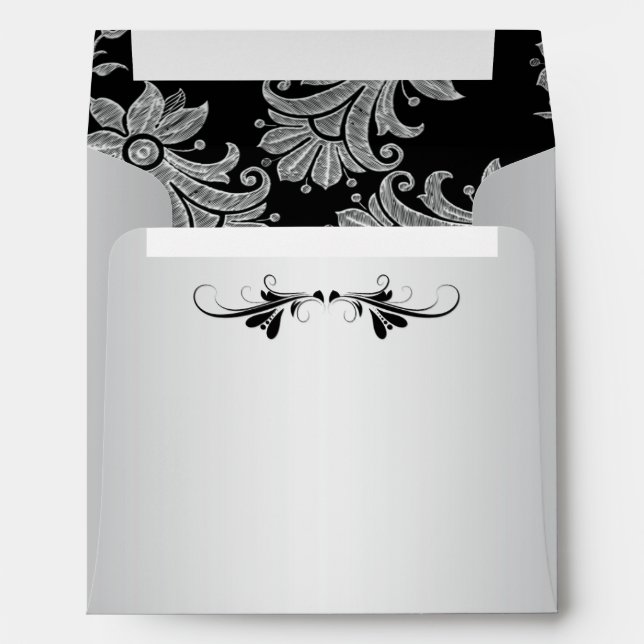 Silvertone Black Floral Envelope for Square Invite (Back (Bottom))