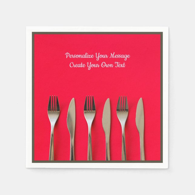 Silverware Utensils Knife Fork on Red Personalize Napkin (Front)