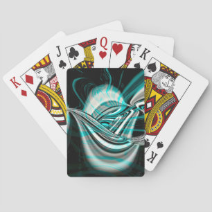 Silvery curved wavy under cyan green smoke on dark playing cards