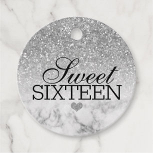 Silvery Faux Glitter/Marble Sweet 16 Favour Tags