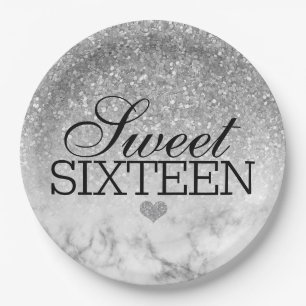 Silvery Faux Glitter/Marble Sweet 16 Paper Plate
