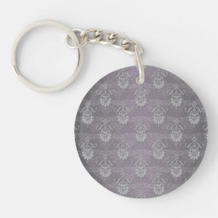 Silvery Grey Damask Pattern Keychain