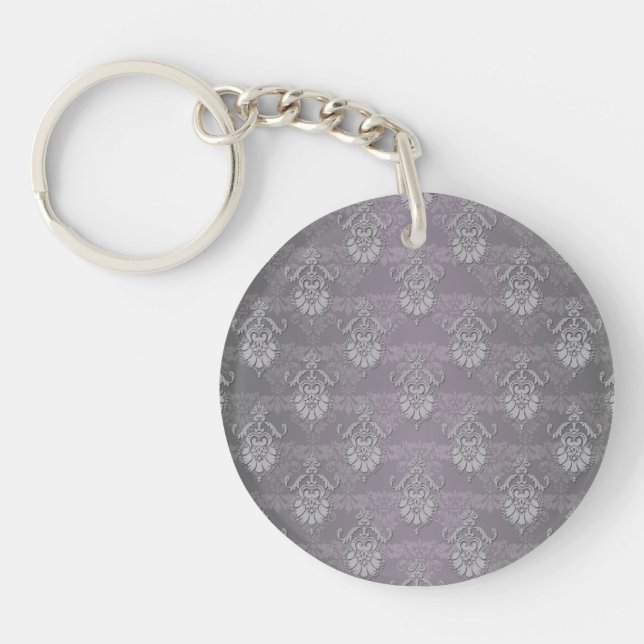 Silvery Grey Damask Pattern Keychain (Front)