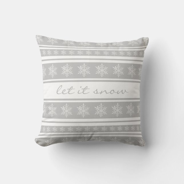 Silvery Grey Striped Snowflake Let it Snow Pillow (Front)