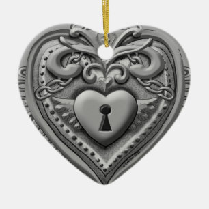 Silvery Heart Lock Ceramic Ornament