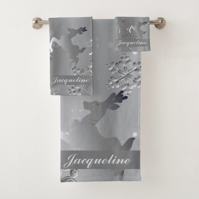 Silvery  Holiday Reindeer Snowflakes Bath Towel Set (Insitu)