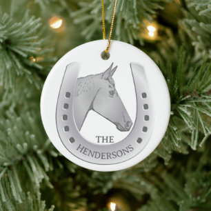 Silvery Horse and Horseshoe Emblem Ceramic Ornament