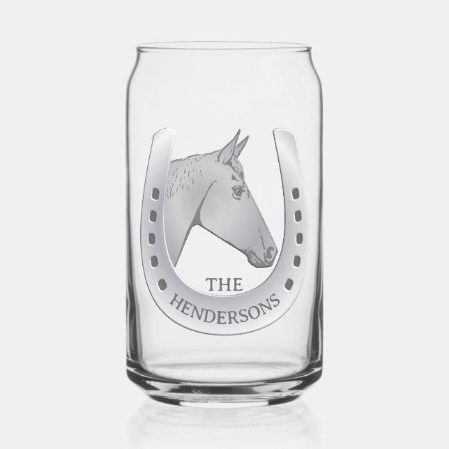 Silvery Horse and Horseshoe Emblem Personalized Can Glass (Front)