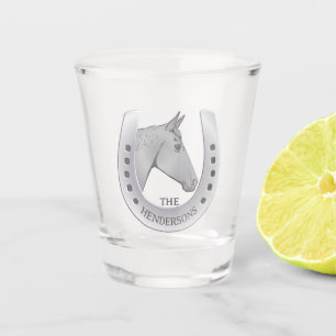 Silvery Horse and Horseshoe Emblem Personalized Shot Glass